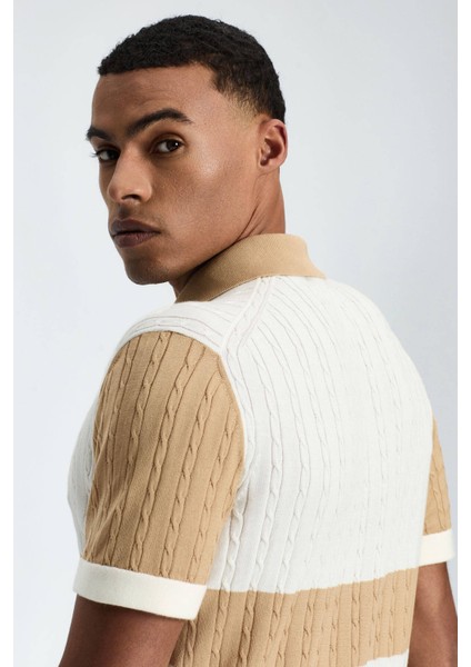 Kum Rengi Çizgili Düğmeli Yaka Merserize Pamuk Triko Polo modelleri