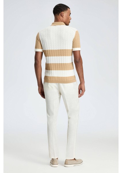 Kum Rengi Çizgili Düğmeli Yaka Merserize Pamuk Triko Polo indirimleri