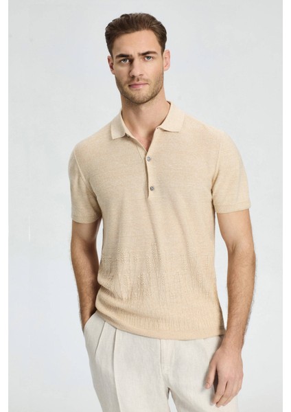 Keten Pamuk Karışım Krem Rengi Desen Triko Polo