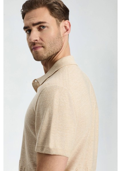 Keten Pamuk Karışım Krem Rengi Desen Triko Polo modelleri