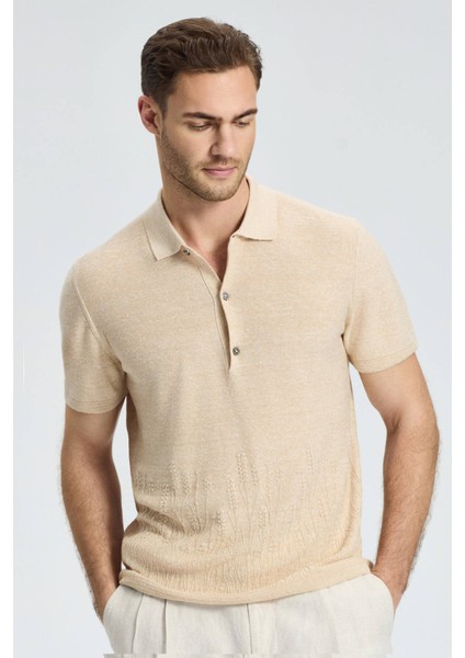 Keten Pamuk Karışım Krem Rengi Desen Triko Polo fırsatları
