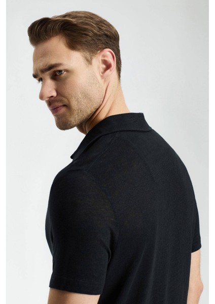 Saf Keten Siyah Polo Yaka T-Shirt
