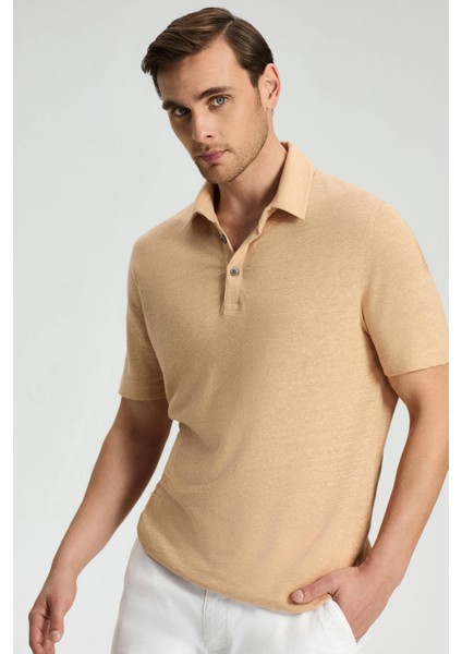 Saf Keten Kum Rengi Polo Yaka T-Shirt