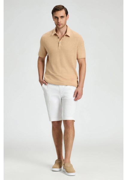 Saf Keten Kum Rengi Polo Yaka T-Shirt