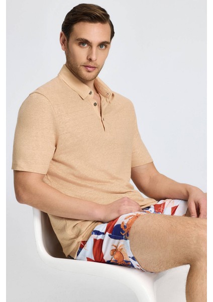 Saf Keten Kum Rengi Polo Yaka T-Shirt