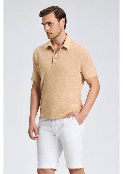 Saf Keten Kum Rengi Polo Yaka T-Shirt