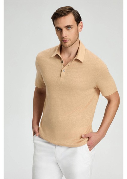 Saf Keten Kum Rengi Polo Yaka T-Shirt