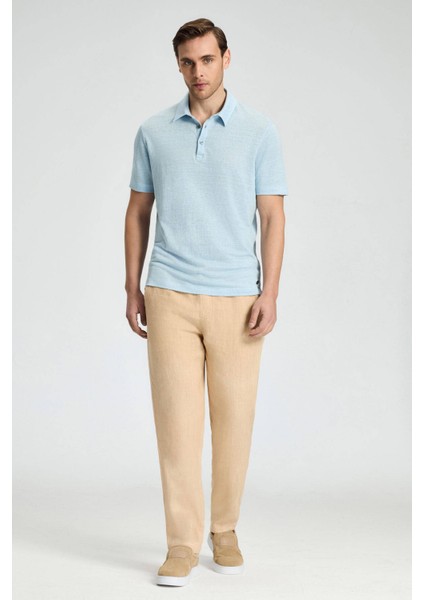 Saf Keten Açık Mavi Polo Yaka T-Shirt