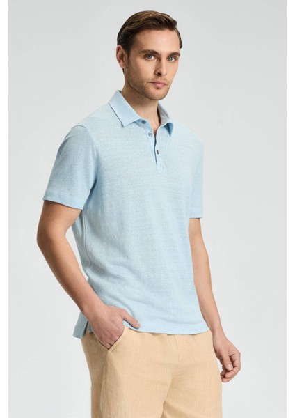 Saf Keten Açık Mavi Polo Yaka T-Shirt