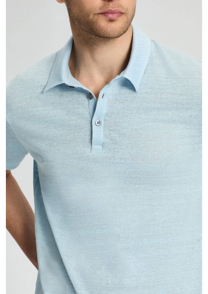 Saf Keten Açık Mavi Polo Yaka T-Shirt