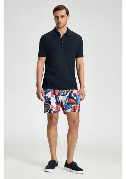 Saf Keten Lacivert Polo Yaka T-Shirt