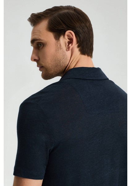 Saf Keten Lacivert Polo Yaka T-Shirt
