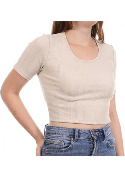 15277721 Genis Yaka Fitilli Kumas Bayan Body - Toprak