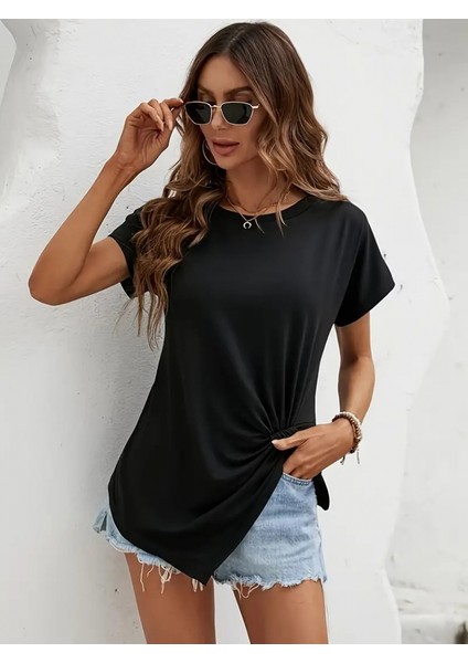 Kadın Kısa Kollu Asimetrik Kesim Bel Büzgü Düğüm Detay Viskon Bluz fırsatları