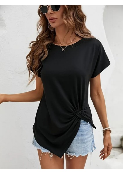 Kadın Kısa Kollu Asimetrik Kesim Bel Büzgü Düğüm Detay Viskon Bluz indirimleri