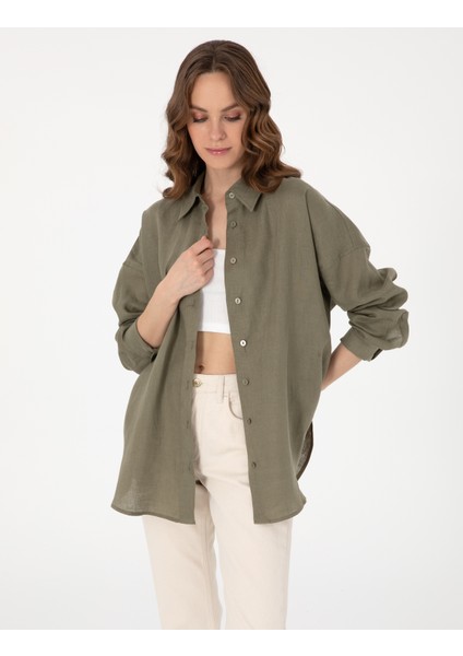 Kadın Haki Oversize Uzun Kollu Keten Gömlek 50301078-VR027