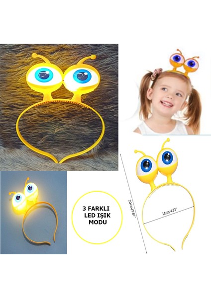 LED Işıklı & Pilli 3 Farklı Modda Yanan Uzaylı Göz Parti Tacı Sarı Renk 18 x 12 cm