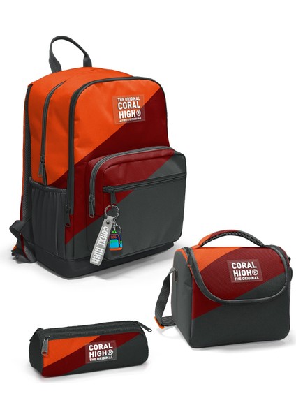 Koyu Gri Turuncu Bordo Renkli 3’lü Okul Çanta Seti SET0123692