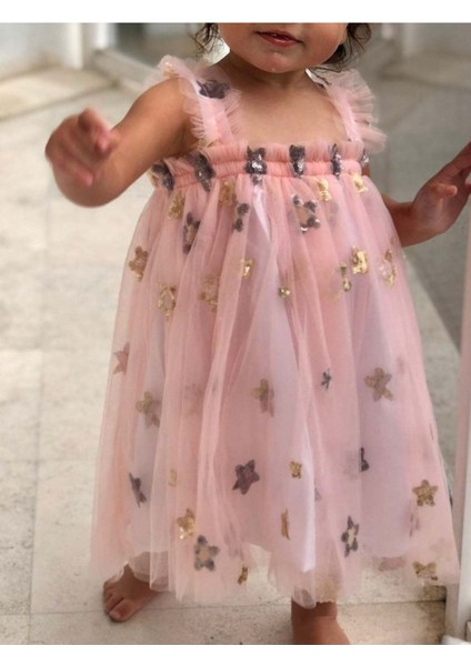 Yıldız Payetli Somonumsu Pembe Askılı Kız Çocuk Doğumgünü Elbisesi