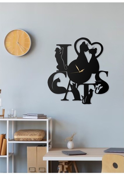 I Love Cats Kedi Temalı Modern Tasarımlı Modern Dekoratif Metal Duvar Saati