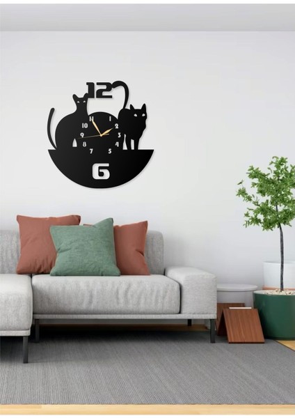 Kedi Motifi Temalı Modern Tasarımlı Modern Dekoratif Metal Duvar Saati