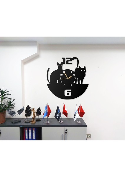 Kedi Motifi Temalı Modern Tasarımlı Modern Dekoratif Metal Duvar Saati