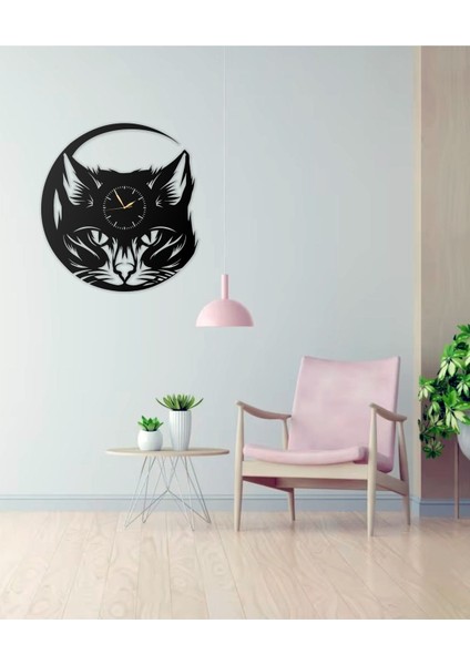 Modern Kedi Tasarımlı Metal Duvar Saati, 40 x 40 Cm, Siyah, Dekoratif Ev ve Ofis Aksesuarı