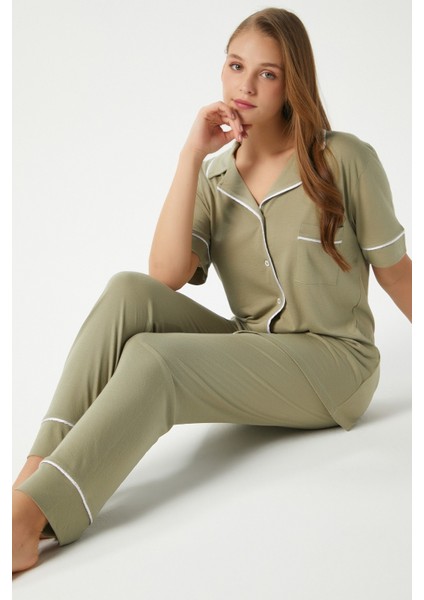 Kadın Vanessa Viskon Ön Düğmeli Kısa Kol Biyeli Haki Alt Üst Pijama Takımı