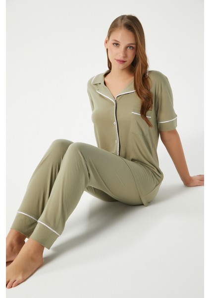 Kadın Vanessa Viskon Ön Düğmeli Kısa Kol Biyeli Haki Alt Üst Pijama Takımı