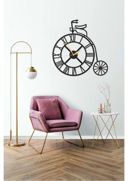 Vintage Bisiklet Tasarımlı Metal Duvar Saati, Roma Rakamlı, Siyah, 55X40 cm