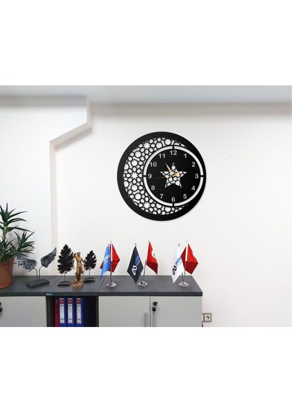 Yıldız Desenli Osmanlı Motifli Islami Mesnevi Dini Tasarım Dekoratif Metal Duvar Saati