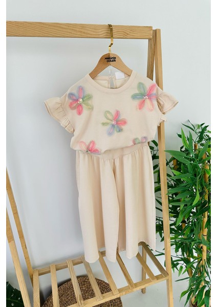 Zambak Detaylı Kız Çocuk Bol Pantolonlu Kız Çocuk Penye 2 li takım - Krem