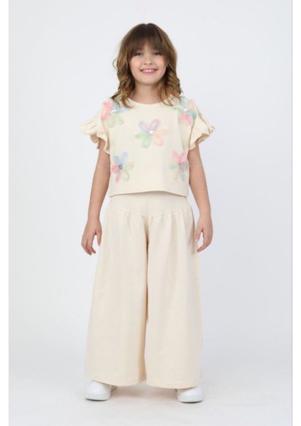 Zambak Detaylı Kız Çocuk Bol Pantolonlu Kız Çocuk Penye 2 li takım - Krem fiyatları