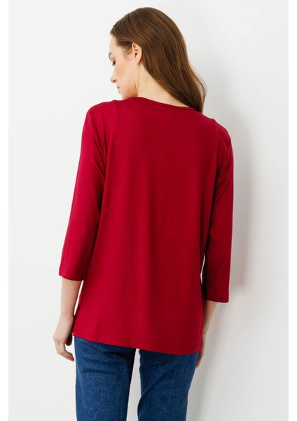 Kadın Açma Yaka Nakış Işlemeli Penye Bluz Vişne modelleri