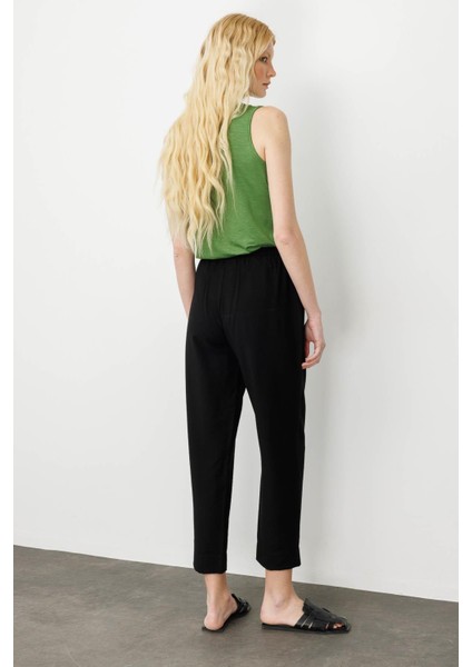 Kadın Beli Lastikli Keten Pantolon Siyah