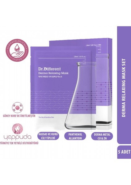 Dr.different Derma Relaxing Mask - Derma Metal ve Cica Içerikli Besleyici & Yatıştırıcı Yüz Maskesi (5 Adet)