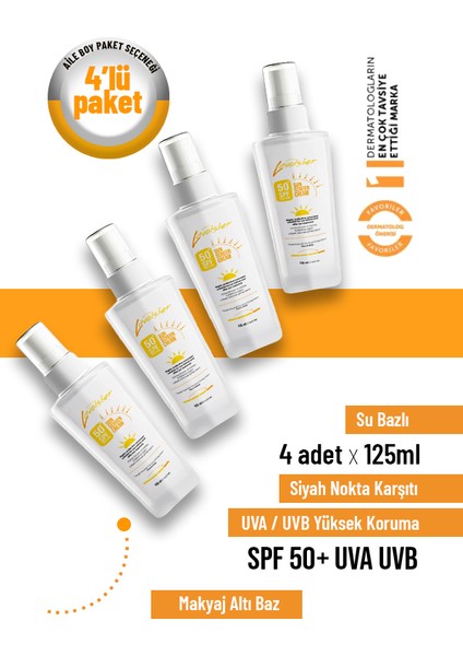 50 Spf Yüksek Korumalı Yüz ve Vücut Güneş Kremi 125ML x 4'lü Set Aile Boy