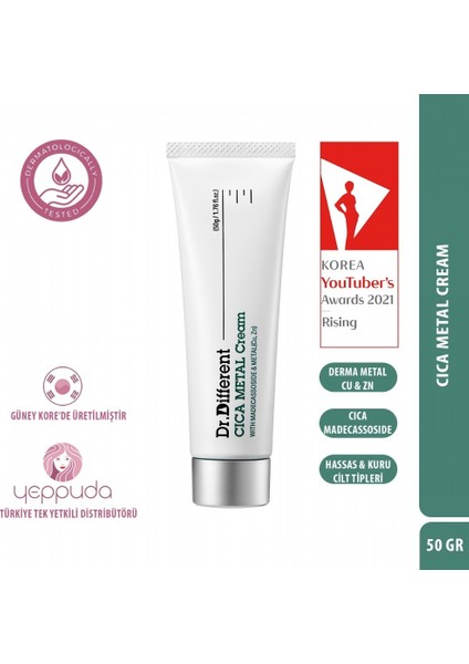 Dr.different Cica Metal Cream - Hassas ve Kuru Ciltler Için Derma Metal ve Cica Içerikli Yoğun Bakım Kremi