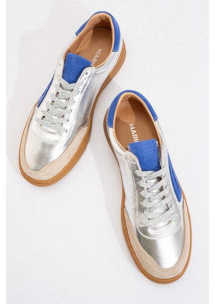 Kadın Günlük Bağcıklı Spor Ayakkabı Gerçek Deri Sandra Gümüş/mavi indirimleri