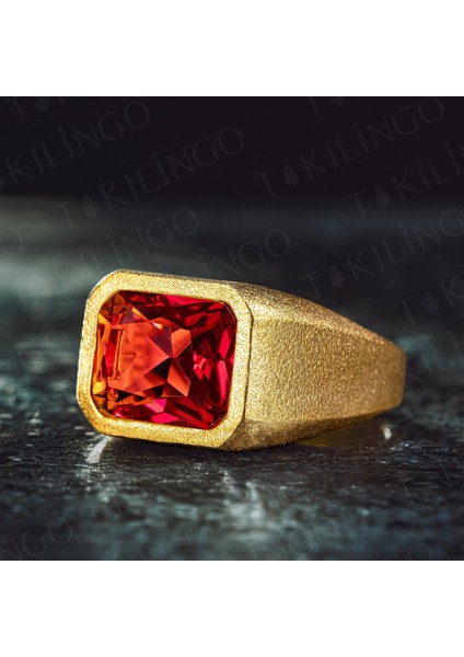 925 Ayar Gümüş Altın Kaplama Kırmızı Ruby Taşlı Erkek Yüzük