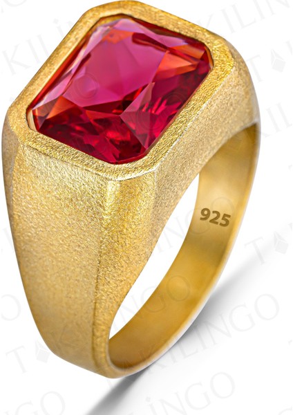 925 Ayar Gümüş Altın Kaplama Kırmızı Ruby Taşlı Erkek Yüzük fiyatları