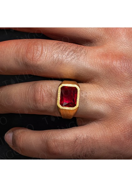 925 Ayar Gümüş Altın Kaplama Kırmızı Ruby Taşlı Erkek Yüzük modelleri