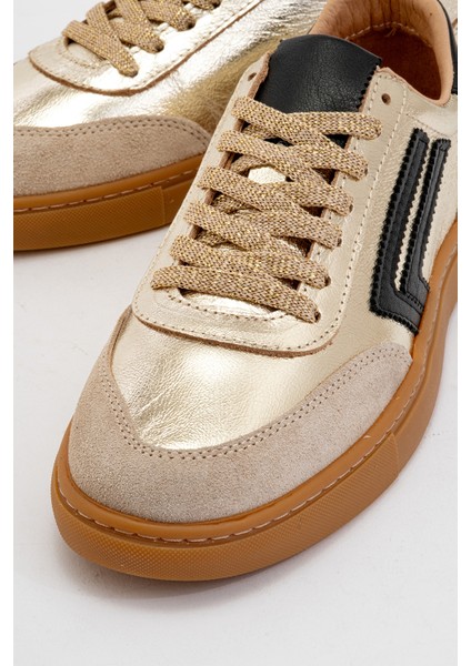 Kadın Günlük Bağcıklı Spor Ayakkabı Gerçek Deri Sandra Altın/siyah modelleri