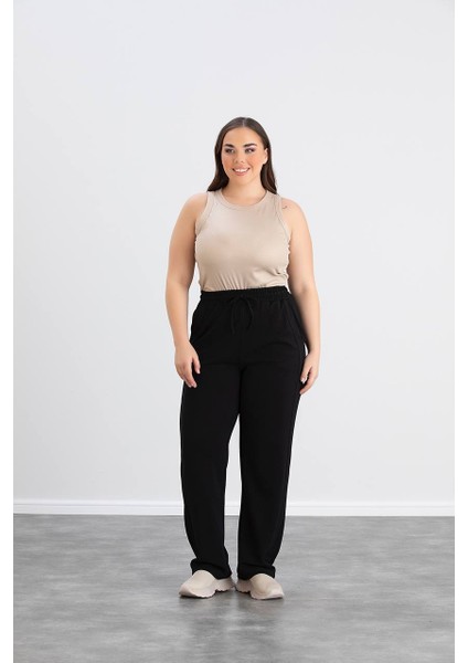 Kadın Büyük Beden Kristal Kumaş Beli Lastikli Pantolon