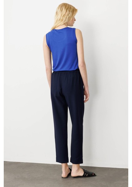 Kadın Beli Lastikli Keten Pantolon Lacivert