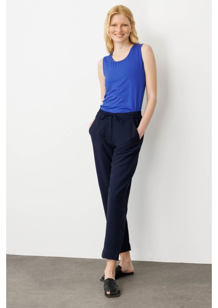 Kadın Beli Lastikli Keten Pantolon Lacivert