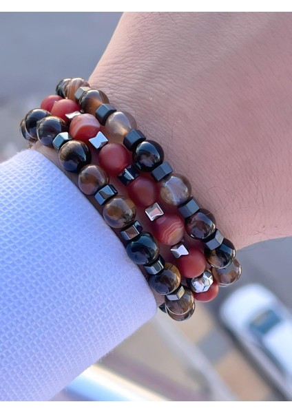 Nursaat 3 Lü Özel Tasarım Unisex Doğal Taş Bileklik Çakra, Turkuaz, Yeşim, Akik ve Sitrin Taşları 10