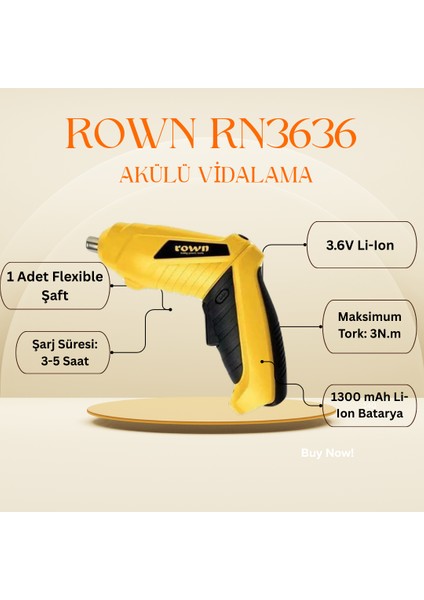 RN3636 Akülü Vidalama Seti 3.6V Li-Ion Batarya + Maket Bıçağı ve Maket Bıçağı Yedeği Hediyeli