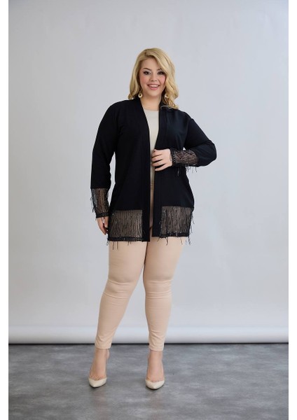 Kadın Büyük Beden Kol ve Etek Uçları Tül ve Işleme Detaylı Kristal Kumaş Şık Hırka fiyatları