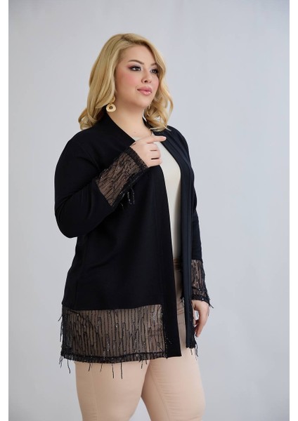 Kadın Büyük Beden Kol ve Etek Uçları Tül ve Işleme Detaylı Kristal Kumaş Şık Hırka modelleri